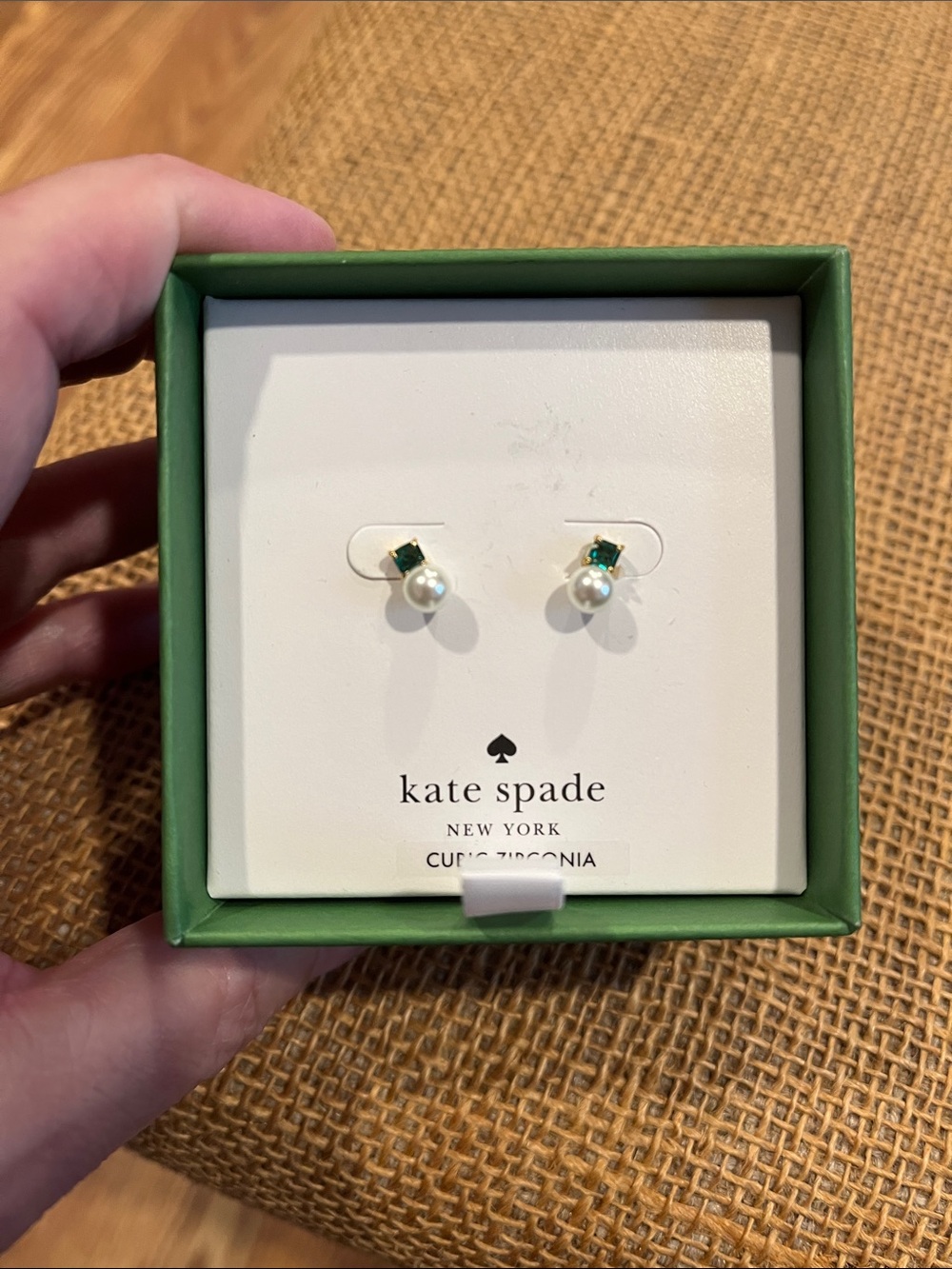 kate spade Pearl Stud Earrings with Emerald-Cut Green Accent
